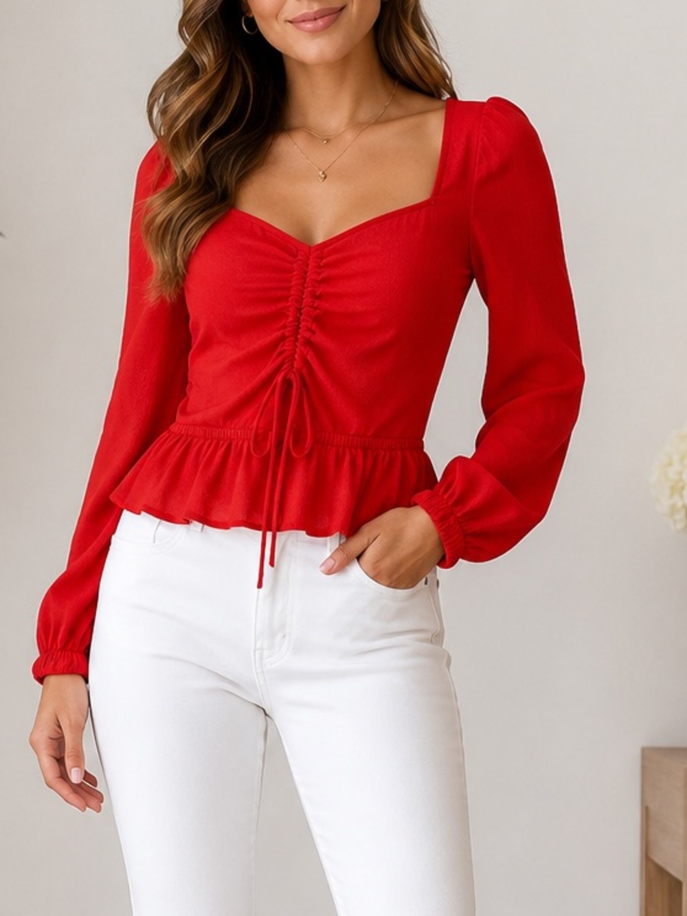 Red Ruched Front Peplum Blouse Long Sleeve Sweetheart Neck Top Small